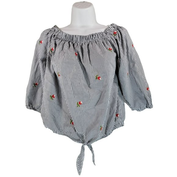 Roommates Tops - Roommates Off Shoulder Striped Embroidered Flowers Shirt M Tie Front